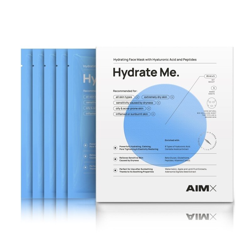 Greito poveikio giliai drėkinanti veido kaukė su peptidais AIMX „Hydrate Me“ 5 vnt x 30 g