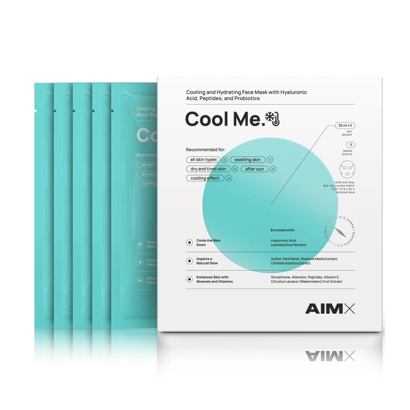 Greito poveikio intensyviai regeneruojanti ir drėkinanti lakštinė kaukė su vėsinančiu ir raminančiu poveikiu AIMX “Cool Me” 5 vnt x 30 g